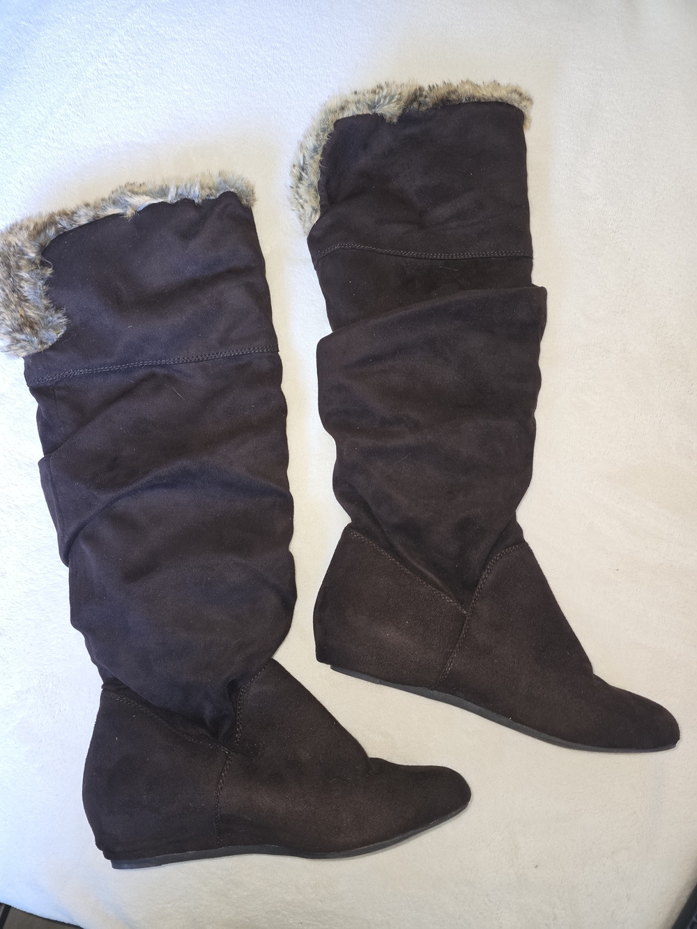 Report Knee High Faux Suede Boots with Faux Fur Trim in Dark Brown